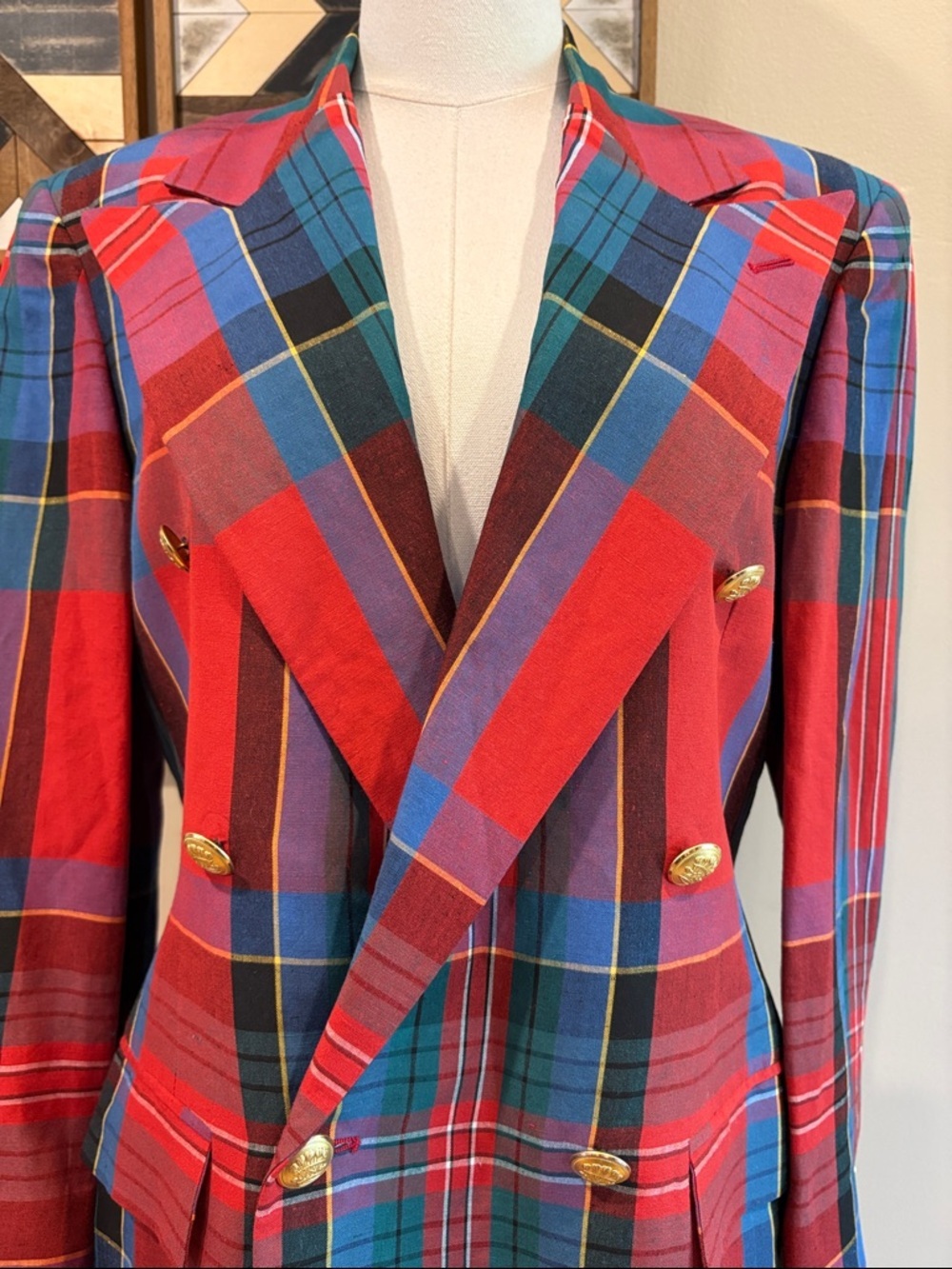Vintage Ralph Lauren 80s Red Multi Plaid Double-Breasted Blazer Gold Buttons - Picture 2 of 16